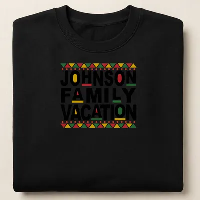 Bold geometric design featuring 'JOHNSON FAMILY VACATION' in red, green, yellow, and white on black. — printed on a unisex sweatshirt