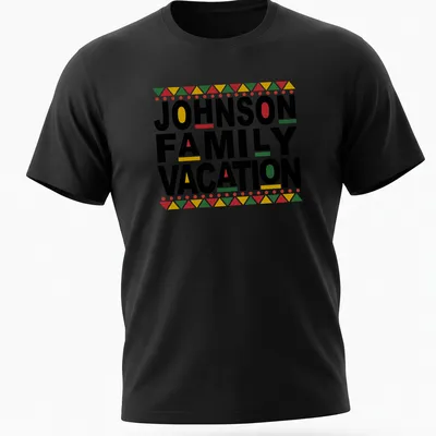 Bold geometric design featuring 'JOHNSON FAMILY VACATION' in red, green, yellow, and white on black.
