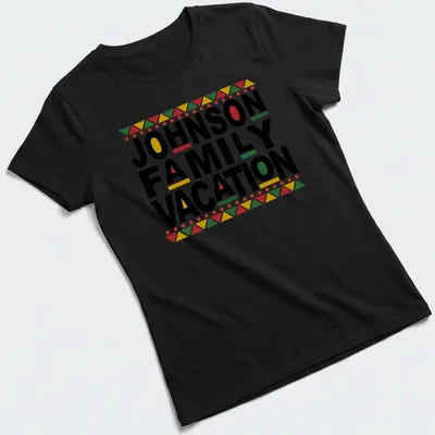Bold geometric design featuring 'JOHNSON FAMILY VACATION' in red, green, yellow, and white on black. — printed on a women's shirt