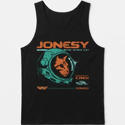 Retro distressed shirt with a ginger cat in a space helmet and text. — printed on a tank top