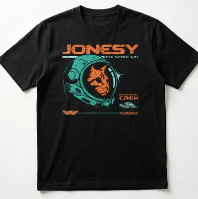 Retro distressed shirt with a ginger cat in a space helmet and text.