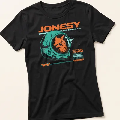 Retro distressed shirt with a ginger cat in a space helmet and text. — printed on a women's shirt