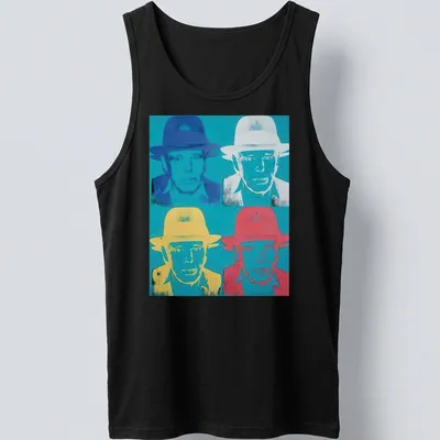 Pop Art T-shirt featuring Joseph Beuys with vibrant colors and text. — printed on a tank top