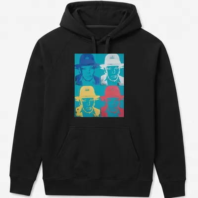Pop Art T-shirt featuring Joseph Beuys with vibrant colors and text. — printed on a unisex hoodie
