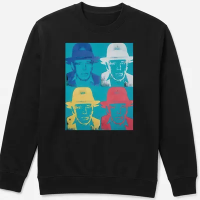 Pop Art T-shirt featuring Joseph Beuys with vibrant colors and text. — printed on a unisex sweatshirt