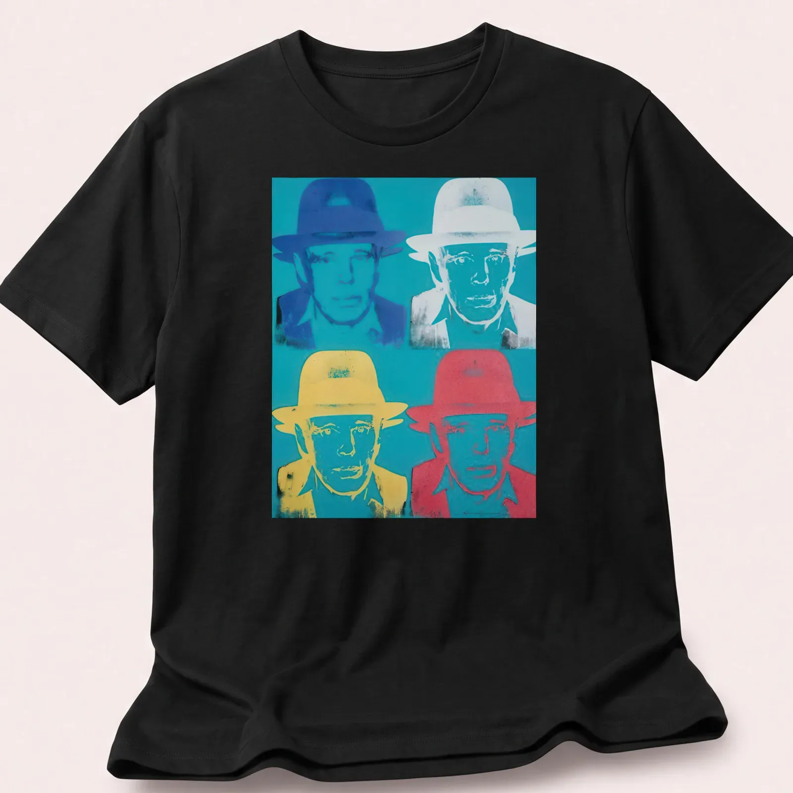 Pop Art T-shirt featuring Joseph Beuys with vibrant colors and text. — printed on a unisex t-shirt
