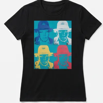 Pop Art T-shirt featuring Joseph Beuys with vibrant colors and text. — printed on a women's shirt