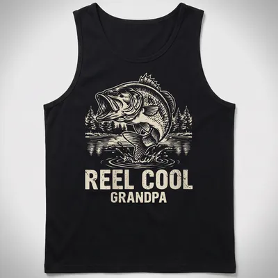 Vintage line-art design featuring a jumping bass with text 'REEL COOL GRANDPA' — printed on a tank top
