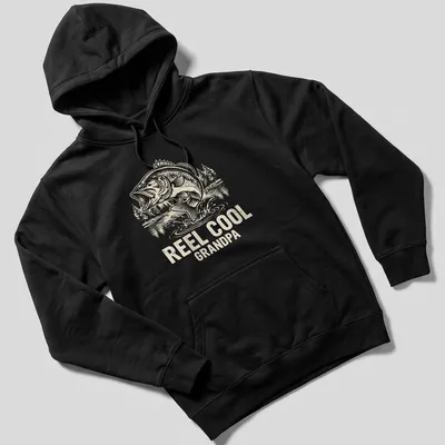 Vintage line-art design featuring a jumping bass with text 'REEL COOL GRANDPA' — printed on a unisex hoodie