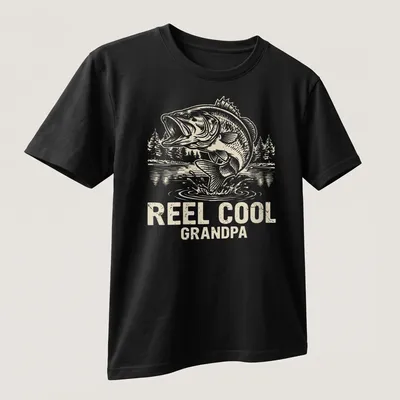 Vintage line-art design featuring a jumping bass with text 'REEL COOL GRANDPA' — printed on a unisex t-shirt (angled view)