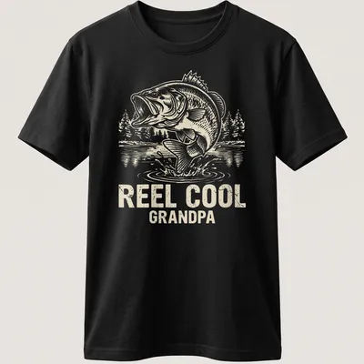 Vintage line-art design featuring a jumping bass with text 'REEL COOL GRANDPA'