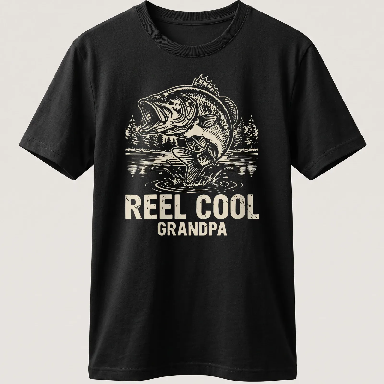 Vintage line-art design featuring a jumping bass with text 'REEL COOL GRANDPA' — printed on a unisex t-shirt