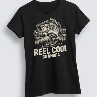 Vintage line-art design featuring a jumping bass with text 'REEL COOL GRANDPA' — printed on a women's shirt