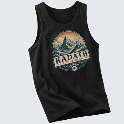 Vintage mountaineering emblem featuring mountains and club name in blue and cream — printed on a tank top