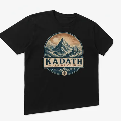 Vintage mountaineering emblem featuring mountains and club name in blue and cream — printed on a unisex t-shirt (angled view)