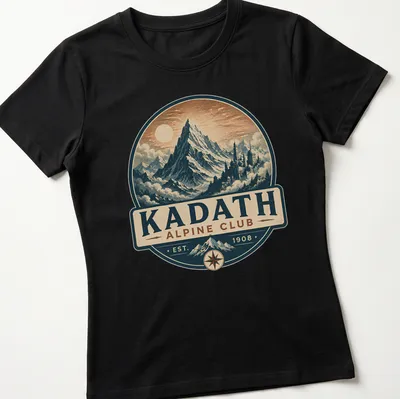 Vintage mountaineering emblem featuring mountains and club name in blue and cream — printed on a women's shirt
