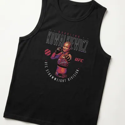 Bold graphic tee featuring Karolina Kowalkiewicz and UFC Strawweight Division text — printed on a tank top