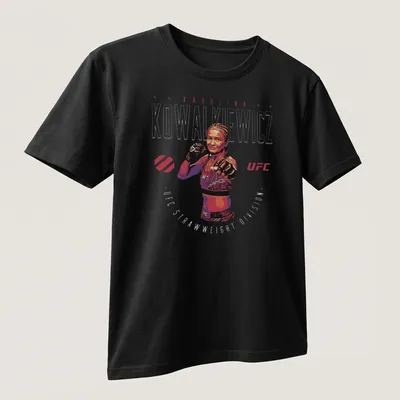 Bold graphic tee featuring Karolina Kowalkiewicz and UFC Strawweight Division text — printed on a unisex t-shirt (angled view)