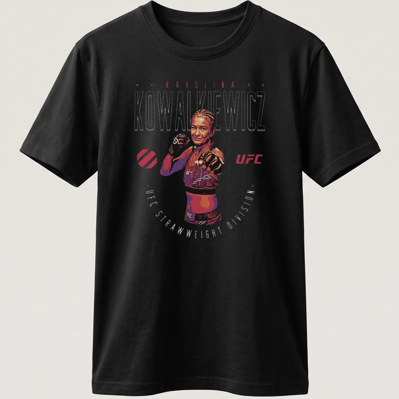 Bold graphic tee featuring Karolina Kowalkiewicz and UFC Strawweight Division text — printed on a unisex t-shirt