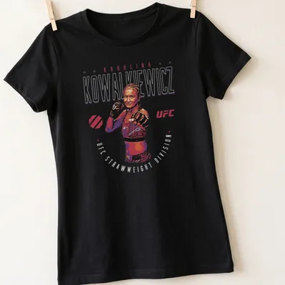 Bold graphic tee featuring Karolina Kowalkiewicz and UFC Strawweight Division text — printed on a women's shirt