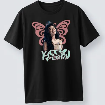 Retro-inspired Katy Perry shirt with bold text and colorful design.