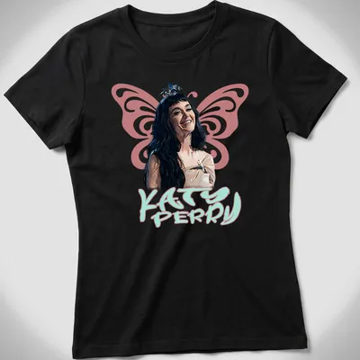 Retro-inspired Katy Perry shirt with bold text and colorful design. — printed on a women's shirt