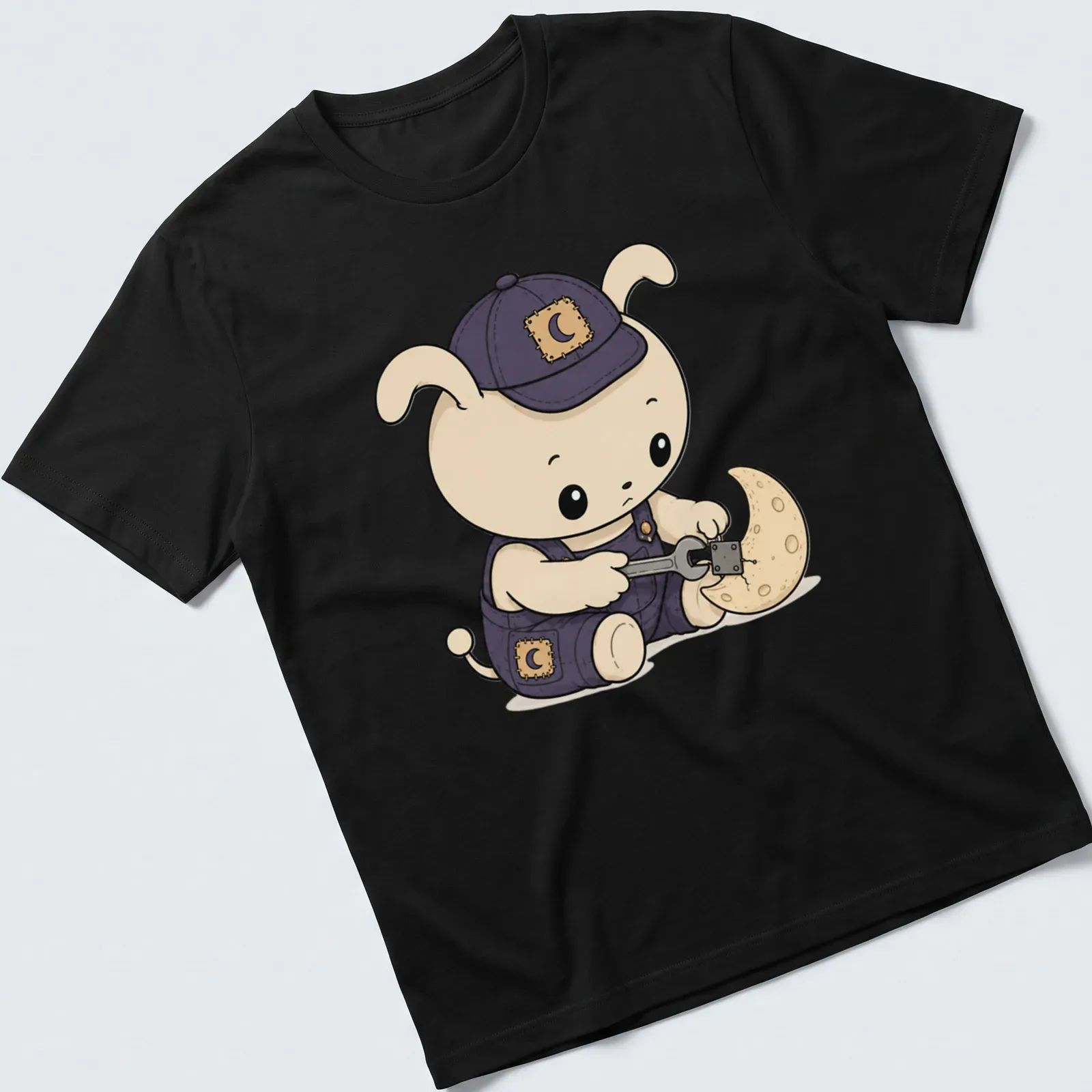 Kawaii bunny mechanic working on the moon with cute tools in pastel colors — printed on a unisex t-shirt