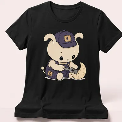 Kawaii bunny mechanic working on the moon with cute tools in pastel colors — printed on a women's shirt