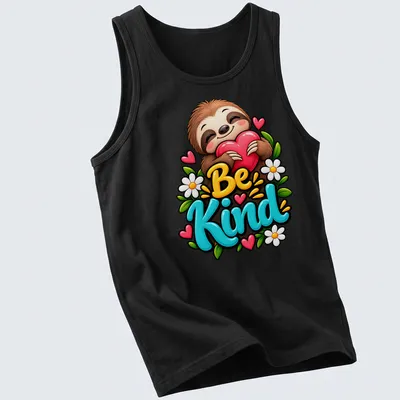 Colorful cartoon sloth with the text 'Be Kind' in a playful design — printed on a tank top