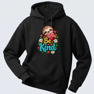 Colorful cartoon sloth with the text 'Be Kind' in a playful design — printed on a unisex hoodie