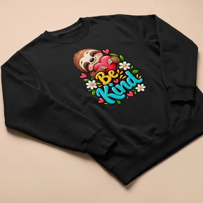 Colorful cartoon sloth with the text 'Be Kind' in a playful design — printed on a unisex sweatshirt