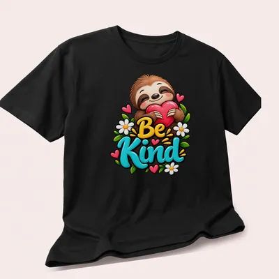 Colorful cartoon sloth with the text 'Be Kind' in a playful design — printed on a unisex t-shirt (angled view)