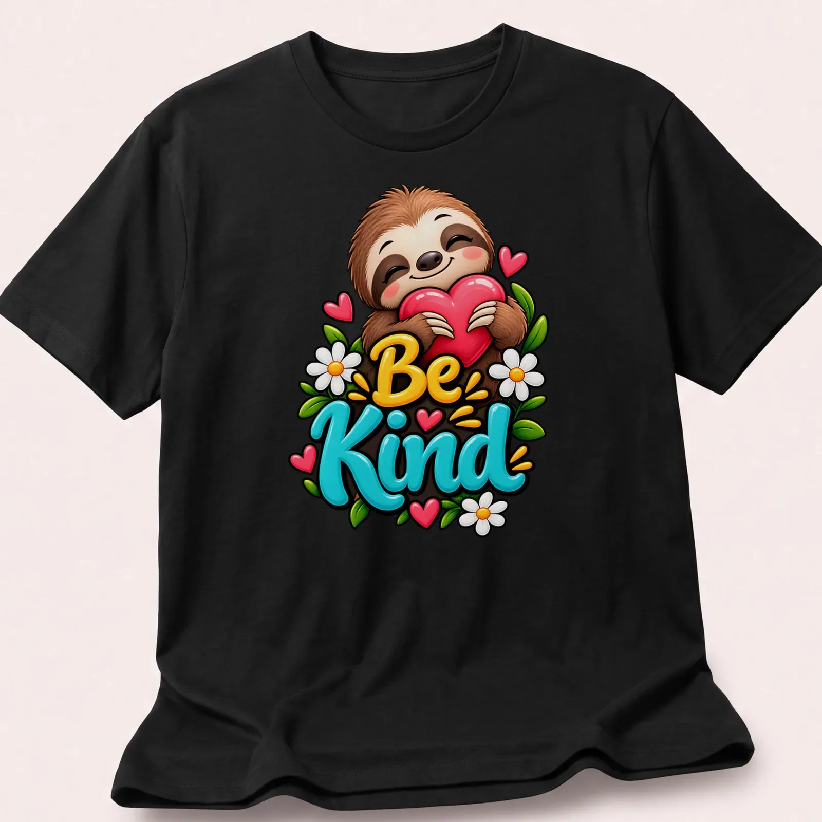Colorful cartoon sloth with the text 'Be Kind' in a playful design — printed on a unisex t-shirt