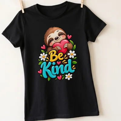 Colorful cartoon sloth with the text 'Be Kind' in a playful design — printed on a women's shirt