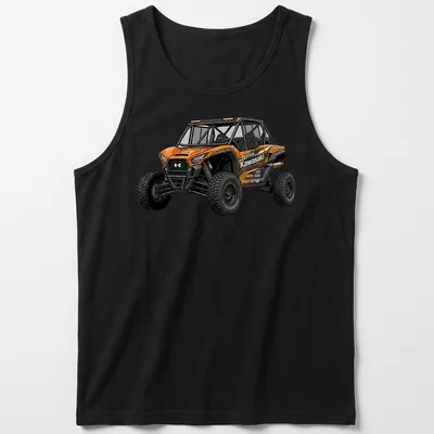 Realistic Kawasaki Teryx graphic with bold text on an orange background — printed on a tank top