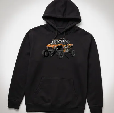 Realistic Kawasaki Teryx graphic with bold text on an orange background — printed on a unisex hoodie