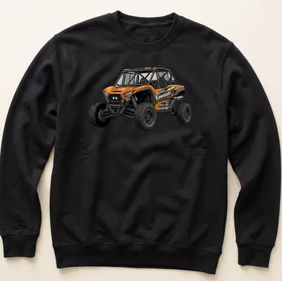 Realistic Kawasaki Teryx graphic with bold text on an orange background — printed on a unisex sweatshirt