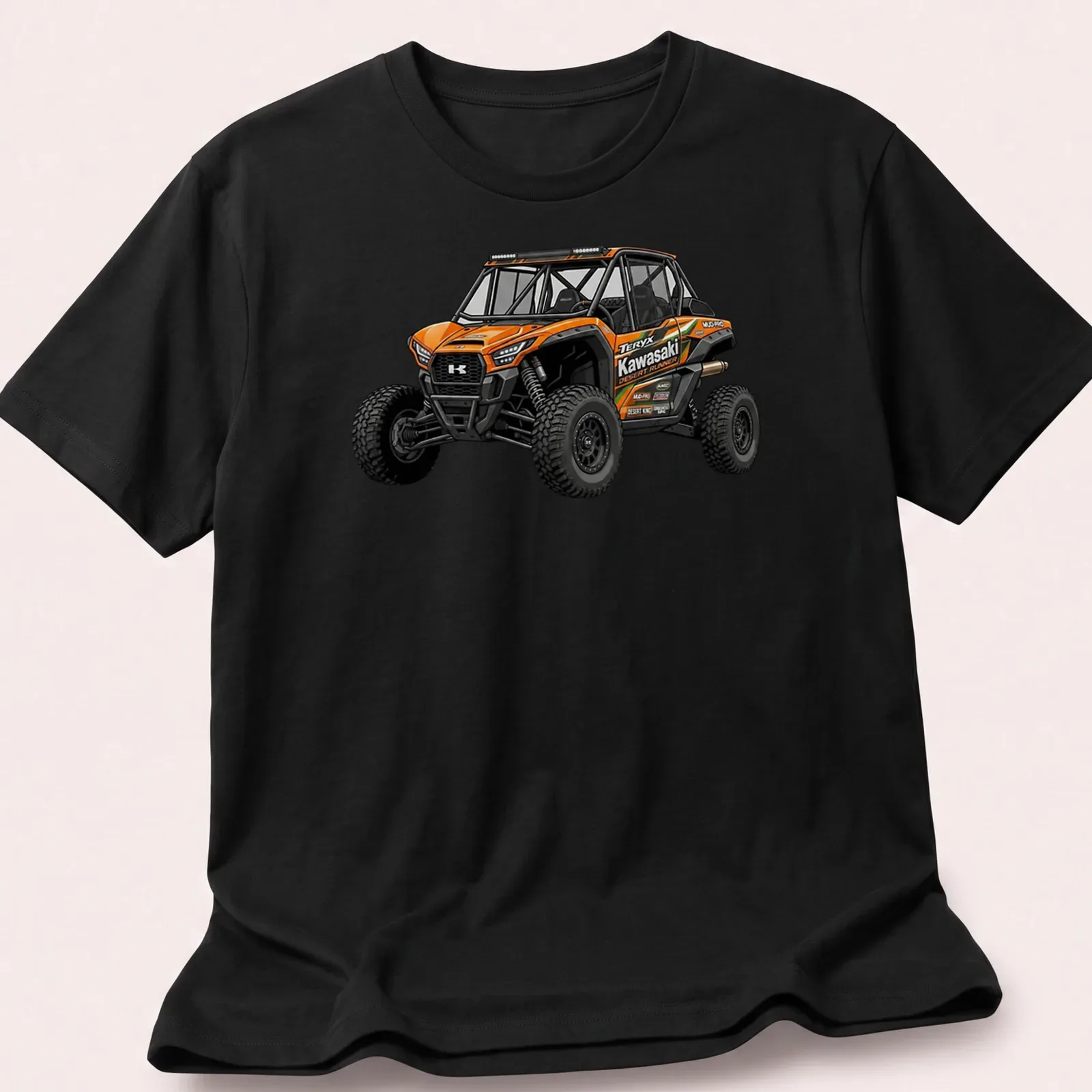 Realistic Kawasaki Teryx graphic with bold text on an orange background — printed on a unisex t-shirt