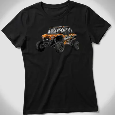 Realistic Kawasaki Teryx graphic with bold text on an orange background — printed on a women's shirt
