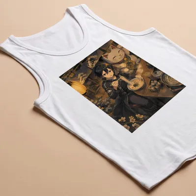 Anime style print of Kirito enjoying ramen with a lucky cat in vivid colors — printed on a tank top