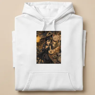 Anime style print of Kirito enjoying ramen with a lucky cat in vivid colors — printed on a unisex hoodie
