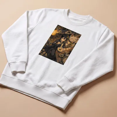 Anime style print of Kirito enjoying ramen with a lucky cat in vivid colors — printed on a unisex sweatshirt