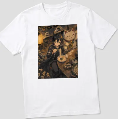 Anime style print of Kirito enjoying ramen with a lucky cat in vivid colors