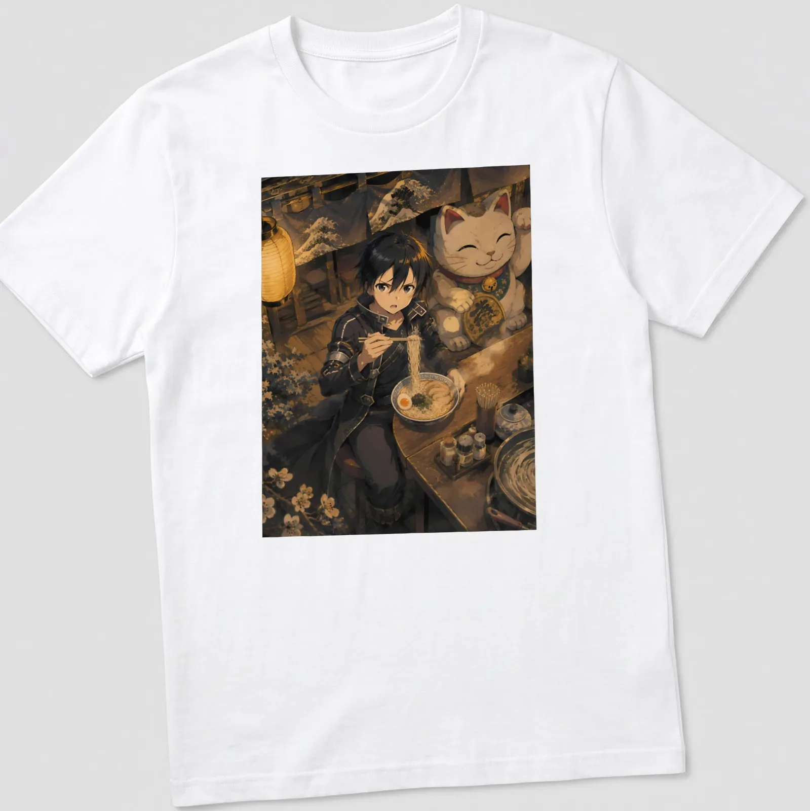 Anime style print of Kirito enjoying ramen with a lucky cat in vivid colors — printed on a unisex t-shirt