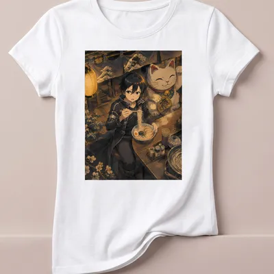 Anime style print of Kirito enjoying ramen with a lucky cat in vivid colors — printed on a women's shirt