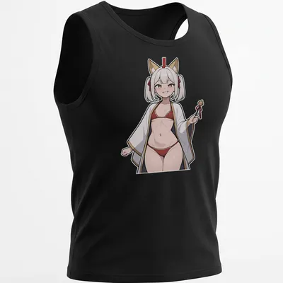 Anime illustration of a sultry Fox Shrine Maiden in rich colors — printed on a tank top