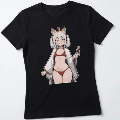 Anime illustration of a sultry Fox Shrine Maiden in rich colors — printed on a women's shirt