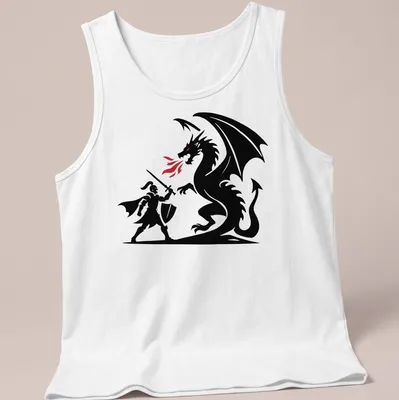 A bold silhouette of a knight and dragon battling in black, red, and white — printed on a tank top