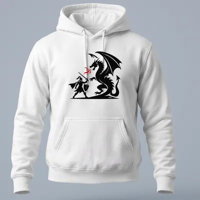 A bold silhouette of a knight and dragon battling in black, red, and white — printed on a unisex hoodie