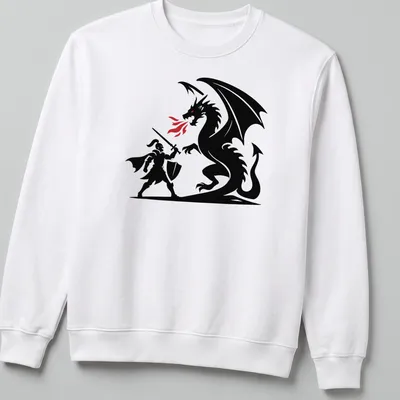 A bold silhouette of a knight and dragon battling in black, red, and white — printed on a unisex sweatshirt